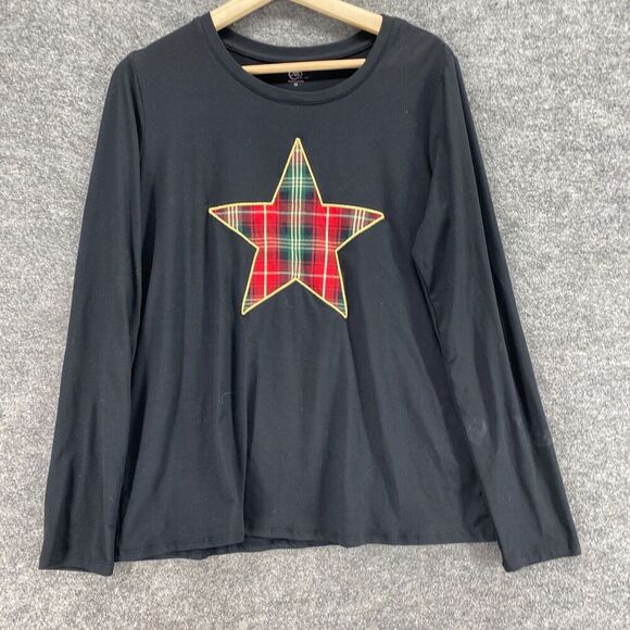 New Cato T-Shirt Women M Medium Black Plaid Long Sleeve Round Neck Pullover - Picture 4 of 10